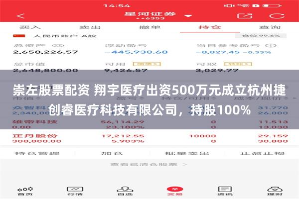 崇左股票配资 翔宇医疗出资500万元成立杭州捷创睿医疗科技有限公司，持股100%